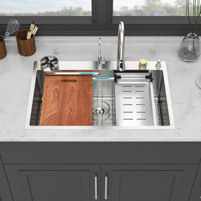 33" Drop In Waterfall Kitchen Sink - 33*22 Inch Single Bowl 16 Gauge Stainless Steel Ledge Workstation Kitchen Sinks With Pull-Out Faucet & Cup Washer