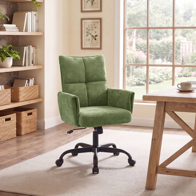  Chaise pivotante rembourrée moderne avec roulettes, chaise de bureau capitonnée à dossier haut réglable pour le bureau personnel, chaise de travail confortable en tissu avec accoudoirs et base en métal