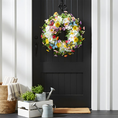 13.7 Inch Spring Wreath for Front Door Summer Wreath with Wildflower Daisy Butterfly and Green Eucalyptus Leaves for Indoor Outdoor Farmhouse Home Decor