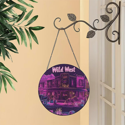Wild West Neon Town Scene With Horse And Wagon Stained Glass Panels Suncatcher for Window Decor