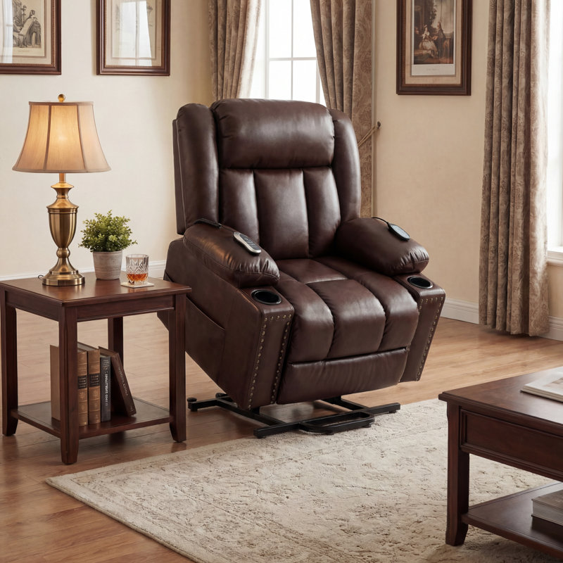 40" Wide 3-Motor Power Lift Recliner With Heat And Massage, Leather Upholstered Chair With Independent Head Back & Foot Adjustment