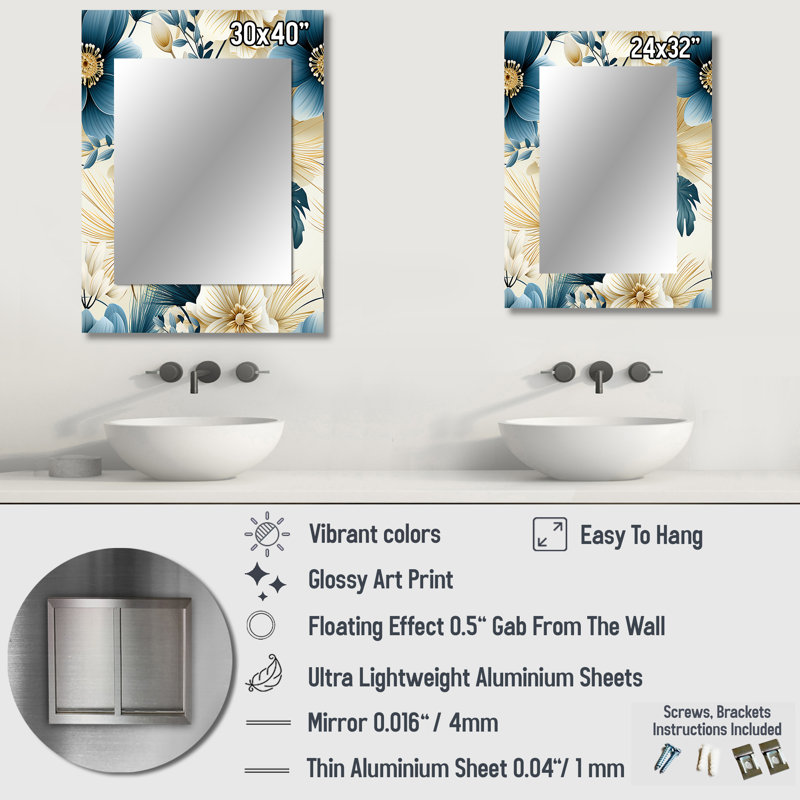 Alexsandria beige et bleu Escape Flowers - miroir floral, miroir mural décoratif floral, impression d'art en métal
