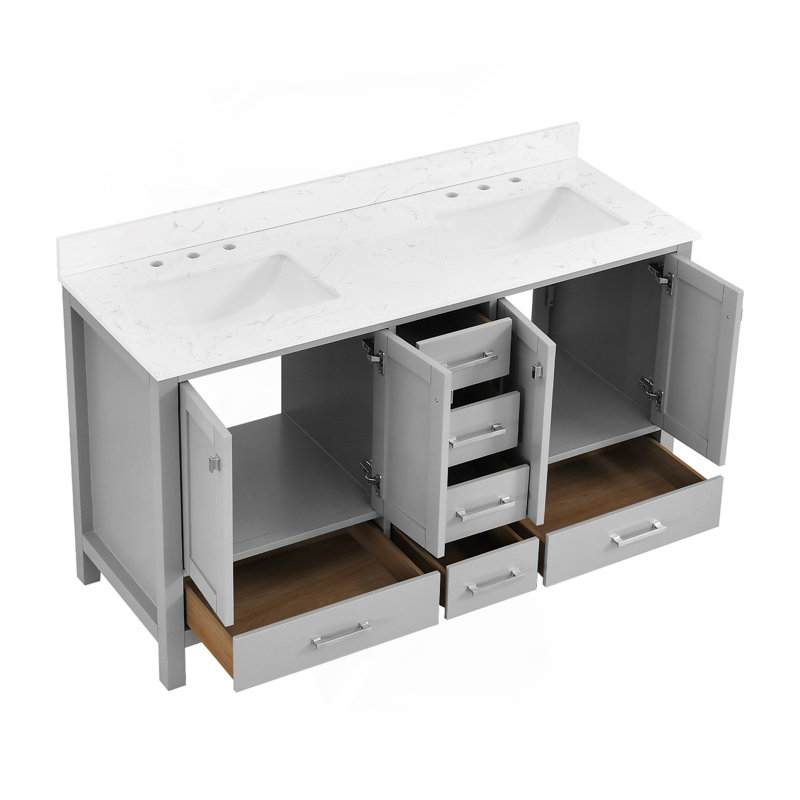 Meuble-lavabo 60 po, meuble-lavabo à cadre en bois massif, comptoir autoportant avec double cuve gris, Gris