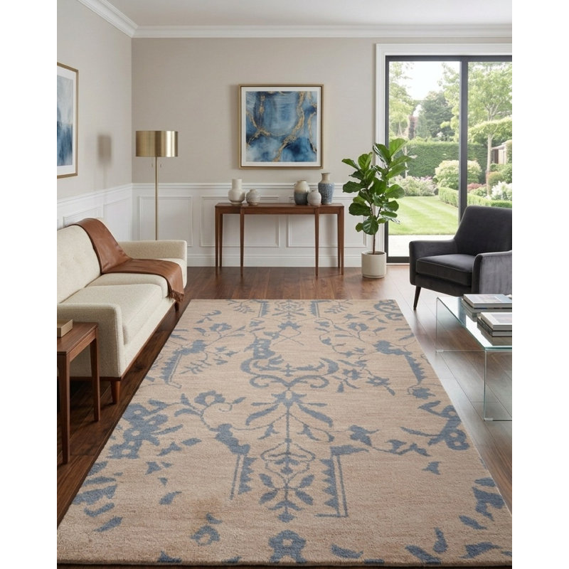 Tapis d'intérieur beige 100% laine beige fait à la main, Rectangle de 5 pi x 8 pi
