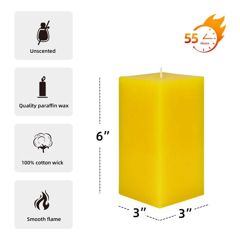 Bougie colonne, Jaune, H 6 po x l 3 po x P 3 po, Ensemble de 12