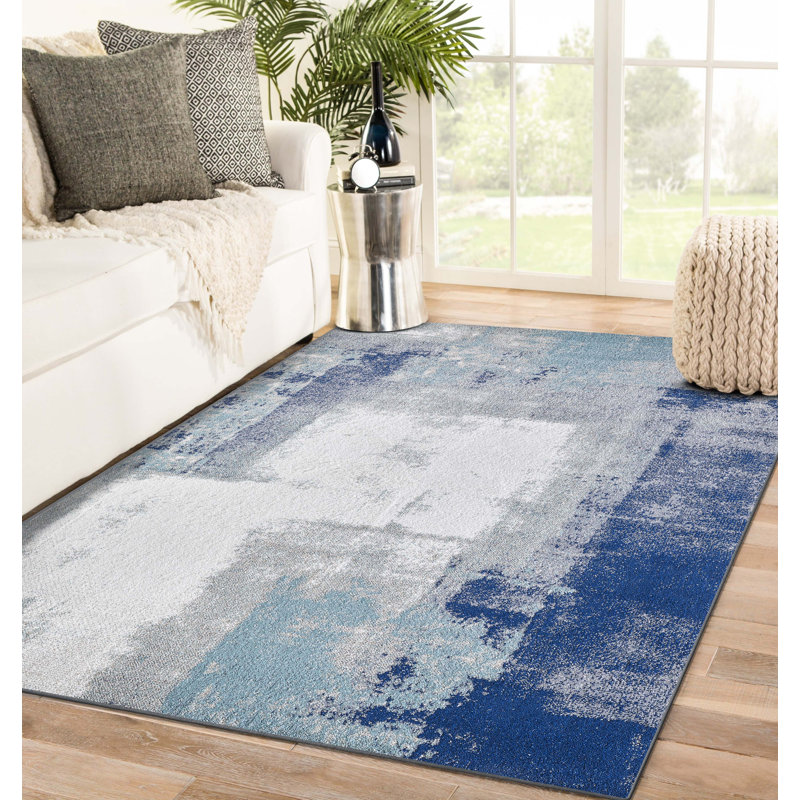 Elrosa Abstract Blue/Off White Area Rug, Rectangle 8' x 10'