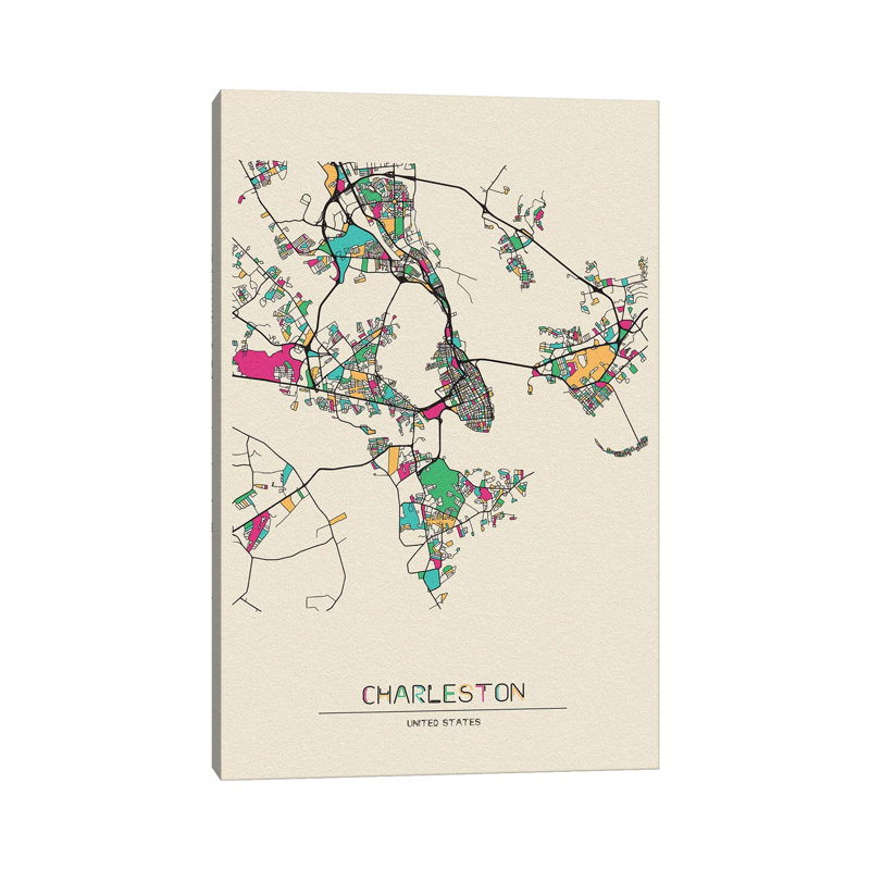 «Charleston, South Carolina Map» par Ayse Deniz Akerman - impression sur toile tendue, H 26 po x l 18 po x P 1,5 po