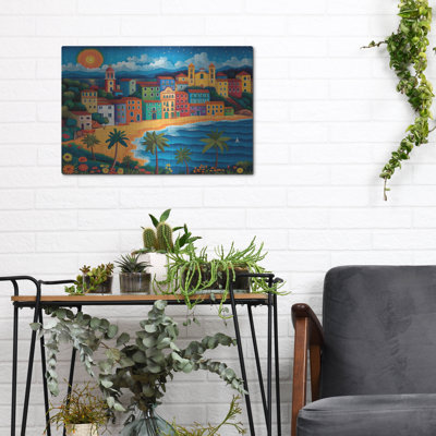 Art mural en métal luxueux «Vibrant Coastal Harmony» par Doron David, 16 po x 12 po