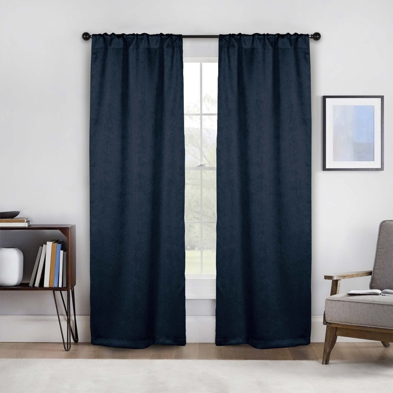 Kinlaw Textured Thermal Polyester Light Filtering Room Darkening Curtain Pair, 26" W x 84" L, Navy Blue