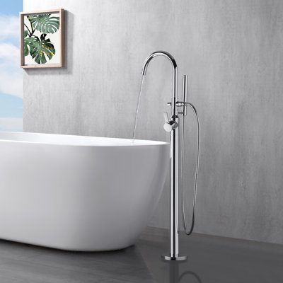 Robinet de baignoire romaine à fixation sur le plancher à poignée simple avec douche à main Euro Collection - Chrome poli