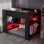 Lit double superposé en bois pleine grandeur avec bureau à hauteur réglable, garde-robe, grand espace de rangement et lumière RVB, rouge