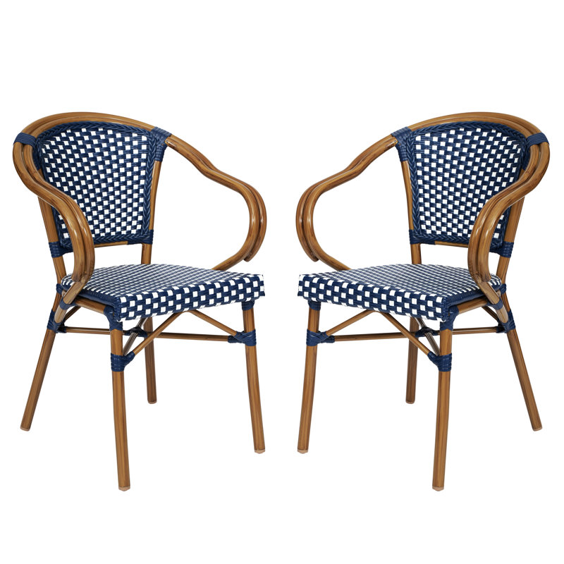 Chiles All-Weather Commercial Paris Chairs with Bamboo Print Metal Frames, White/Navy