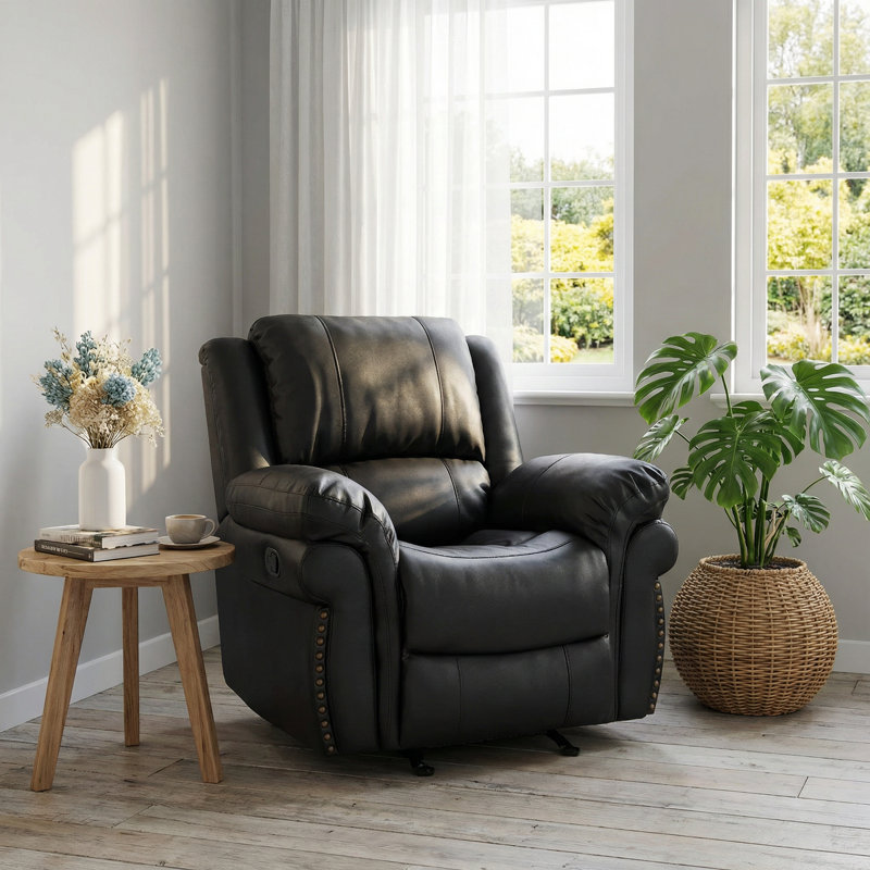  39" Luxe Comfort Manual Recliner with Nailhead Trim, Black, Black