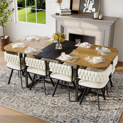 Ensemble de table de salle à manger 9 pièces 9 pièces, plateau de table fixe en grain de bois bicolore et triamine de grain de bois noir avec 8 chaises en velours beige, ensemble de table de cuisine moderne pour 8 personnes, idéal pour les réunions de famille