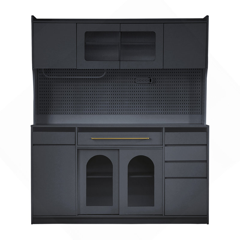 Cabinet Freestanding 63" W Buffet With Hutch, Large Coffee Bar Storage With 6-Drawers, 5 Cabinets With Adjustable Shelves,Pegboard,Towel Rack, Power Outlet,Black