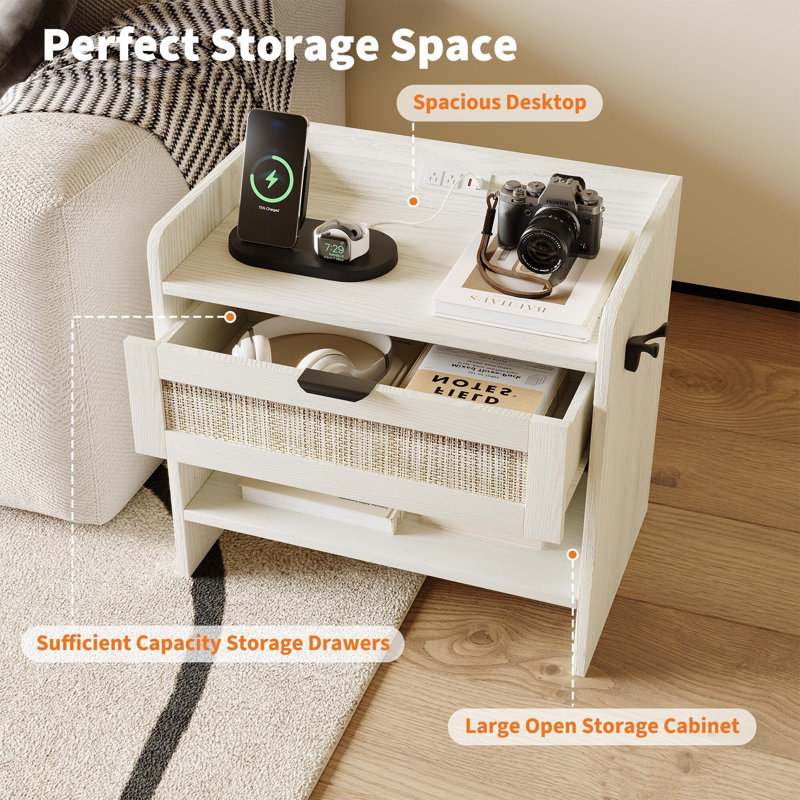 Rattan Nightstand with Charging Station, Boho Bedside Table with Drawer & Open Shelf, Storage End Table for Bedroom, White