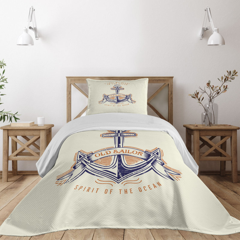 White Quilted Microfiber King Bedspread Set with Anchor Design