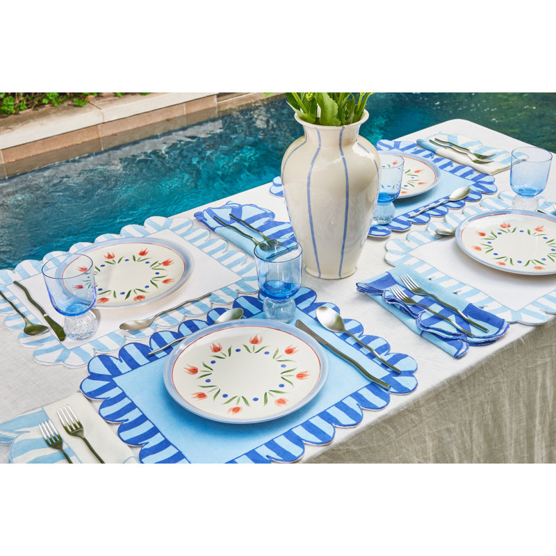 Jardin Embroidered Linen Scalloped Stripe Napkins, Blue