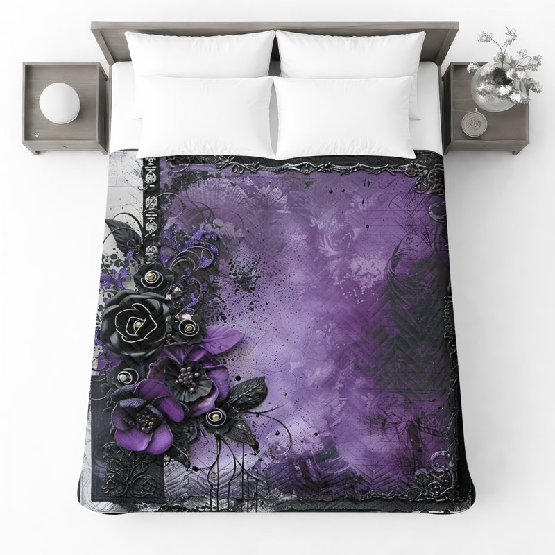 Couvre-lit matelassé à motif floral mauve et noir toutes tailles, Lit simple