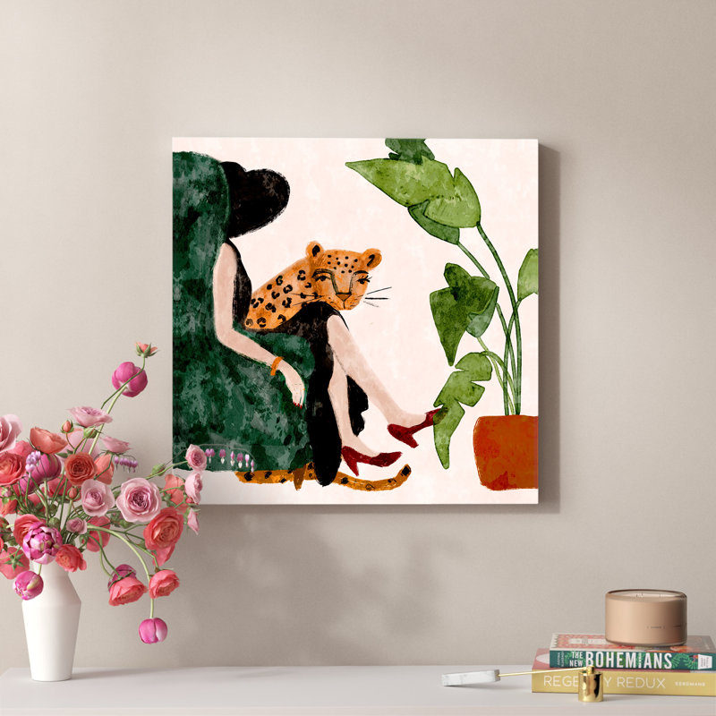 Femme et guépard - peinture sur toile tendue, H 24 po x l 36 po