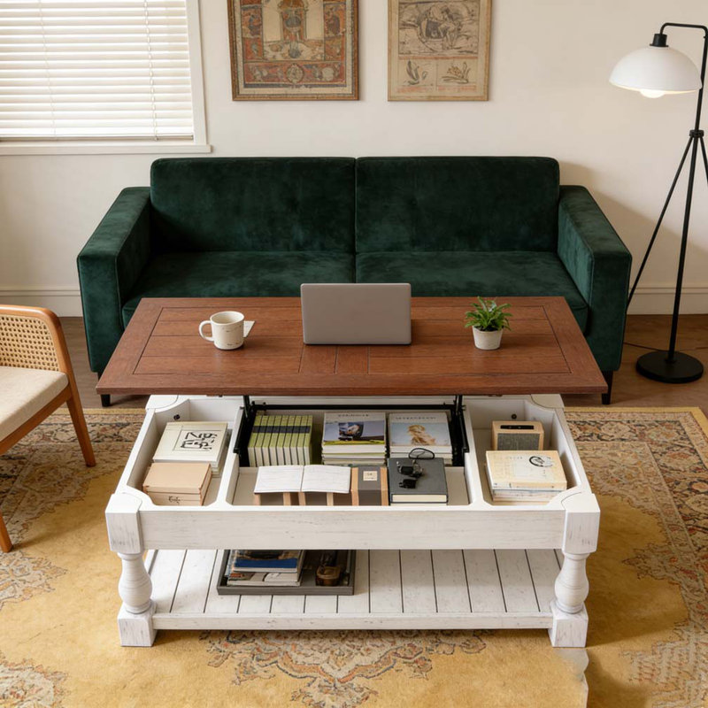 Retro Lift-Top Coffee Table with Storage, Antique Espresso, Antique White