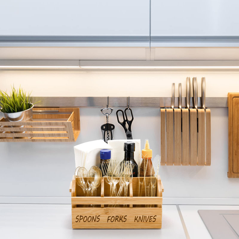 Silverware Holder Caddy, 4 Compartments Wooden Utensil Holder Flatware With Handle, Bamboo Cutlery Holder Organizer Containers