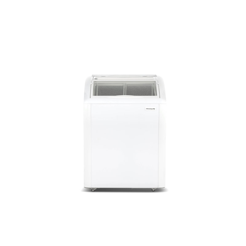 Frigidaire 4 cu. Pi. Congélateur présentoir courbé en verre, congélateur convertible 110L avec porte verrouillable en verre et roulettes, blanc
