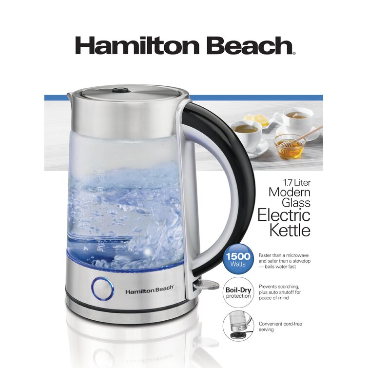 Hamilton Beach Modern Glass Electric Tea Kettle, Water Boiler & Heater, 1.7  L, LED Indicator, Cordless, Auto-Shutoff & Boil-Dry Protection (40867)