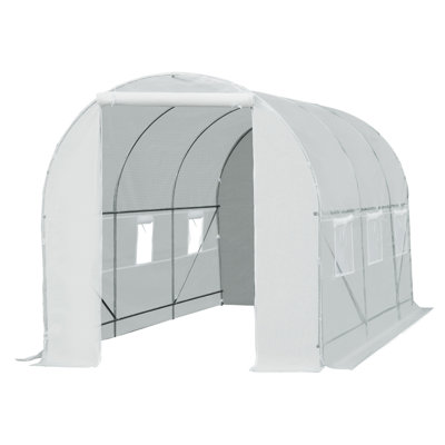 Serre de plain-pied, 15 pi x 7 pi 7 po, avec structure en acier et 6 fenêtres, blanc. Fabrication galvanisée, ensemble de serre durable pour plante, cadre, blanc, porte de fenêtre, couvercle en PE renforcé pour