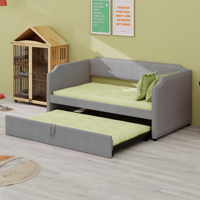 Velvet Upholstered Daybed With Pop Up Trundle, Gray
