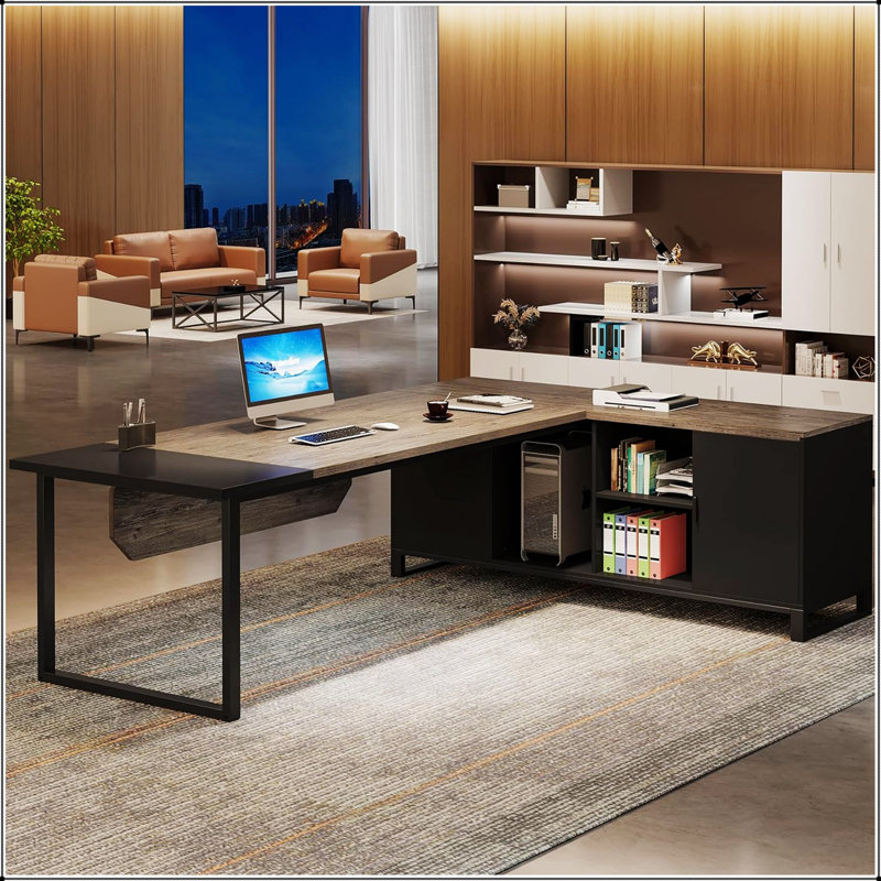 Bureau de direction en L 70,8 po avec classeur de 55 po, poste de travail industriel pour la maison et le bureau