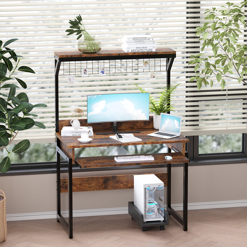 Bureau d'ordinateur 31,5 "avec huche, bureau peu encombrant, table d'étude, table de travail PC, Brun / noir