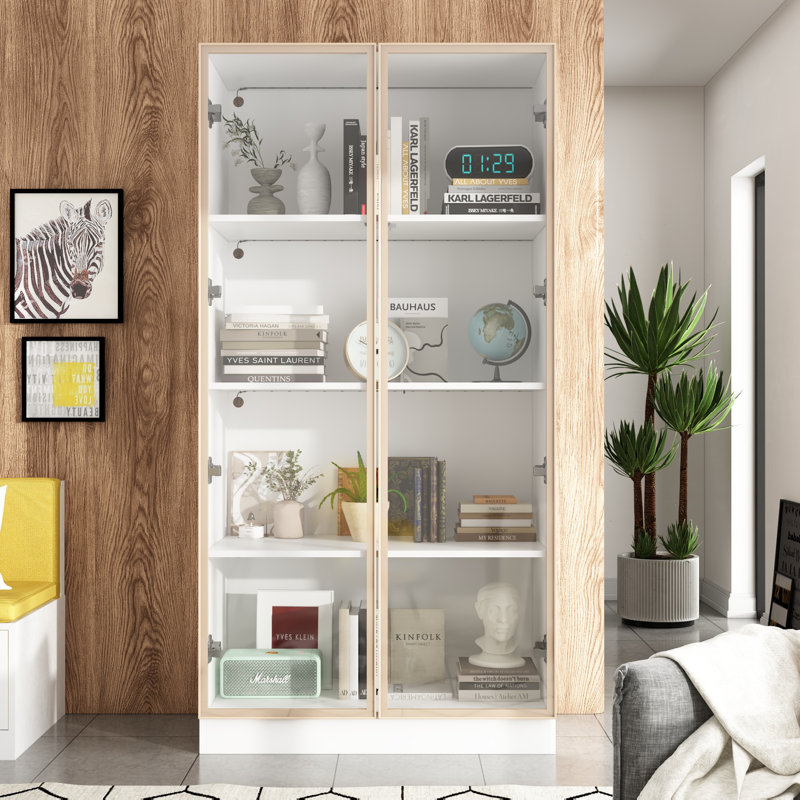 63'' H x 31.5'' W 4-Layer Bookcase with Glass Doors and LED Light, White