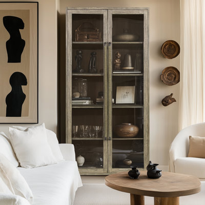 Sevenoaks 45" W x 88" H Glass-Front Display Cabinet with Teak & Seagrass Handles