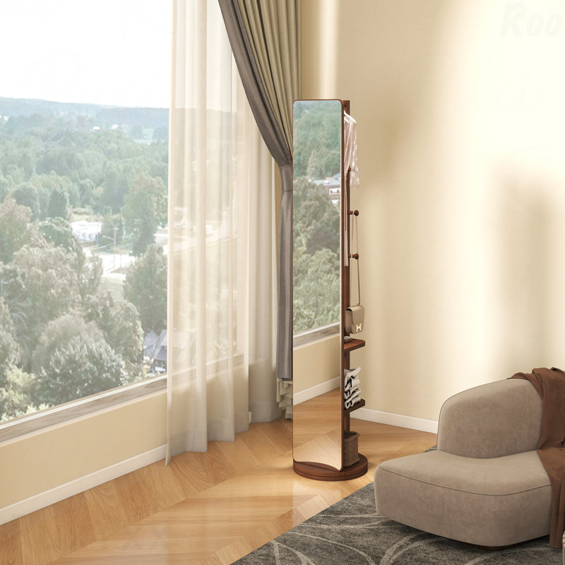 66"X14" 360掳 Rotating Solid Wood Full-Length Accent Mirror - Hook Storage Rack Coat Rack, Brown, 65.75" x 17.72"