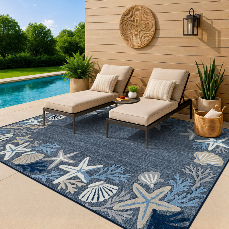 Tapis intérieur / extérieur bleu marine / ivoire Coastal Border, Marine, Rectangulaire 7 pi 10 po x 10 pi