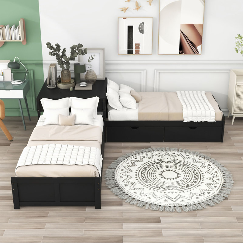 Divyanshi Twin Size L-shaped Platform Bed with Trundle and Drawers, Espresso