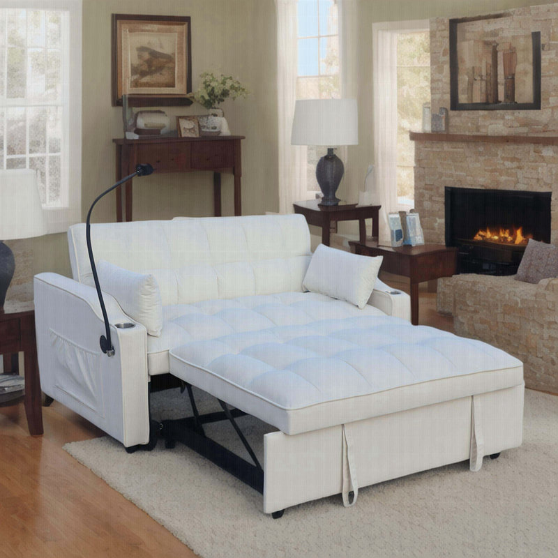 Canapé-lit en velours avec futon et causeuse, Beige