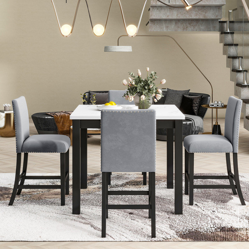 Ensemble de salle à manger 5 pièces en velours avec plateau en faux marbre, 5PCS Velvet Upholstered Dining Set in Gray
