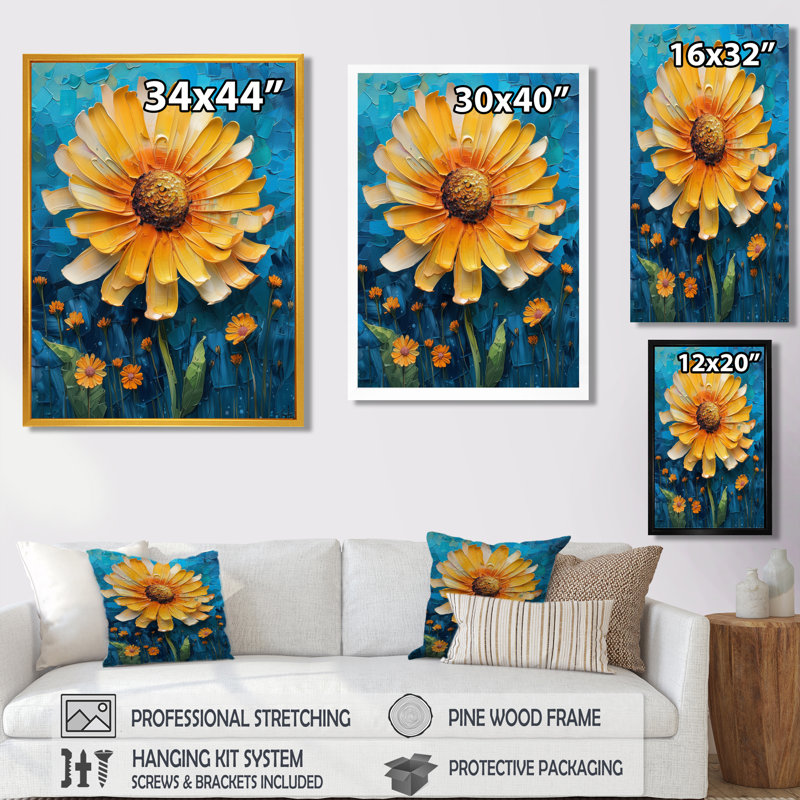 Fleur de pissenlit jaune et bleu en fleurs I - Dandelion Wall Art Living Room, Toile tendue, H 40 po x l 30 po x P 1,5 po