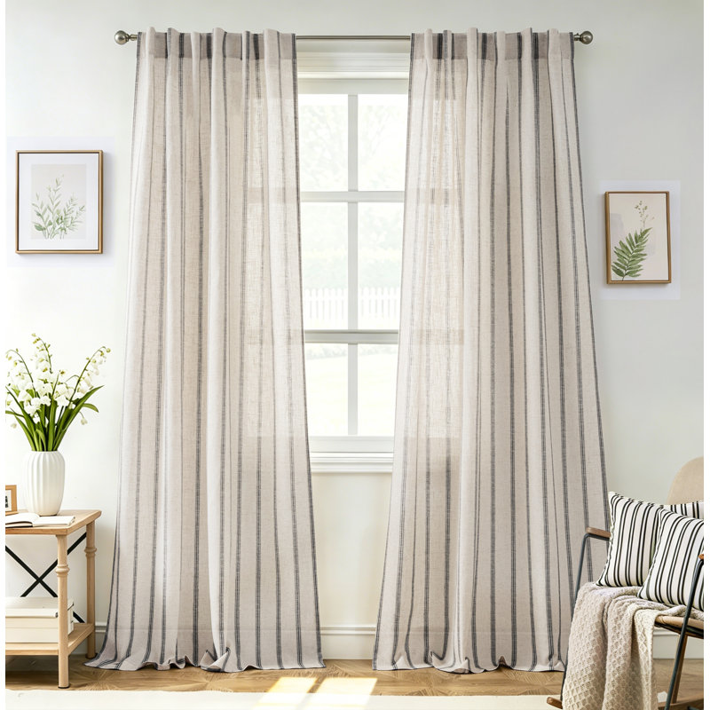 Farmhouse Striped Linen Blend Textured Light Filtering Semi Sheer Rod Pocket Back Tab Curtains, Black, 52" W x 96" L