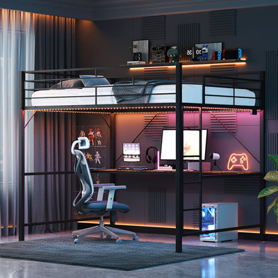 Full Size Heavy Duty Metal Loft Bed With Desk And Led Lights, Charging Stations For Teens Adults,Space Saving,Black by Wrought Studio