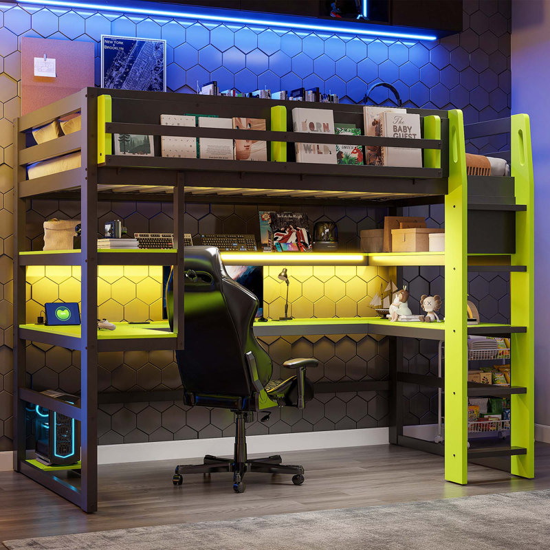 Lit mezzanine en bois avec bureau, support de rangement latéral, tablettes multiples et lumière RVB, Twin, Green