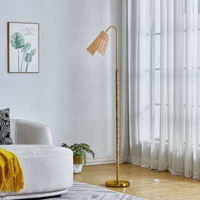Lampe sur pied arquée 65 po en laiton avec abat-jour en métal et rotin 65 po - Lampe sur pied traditionnelle pour salon et chambre à coucher