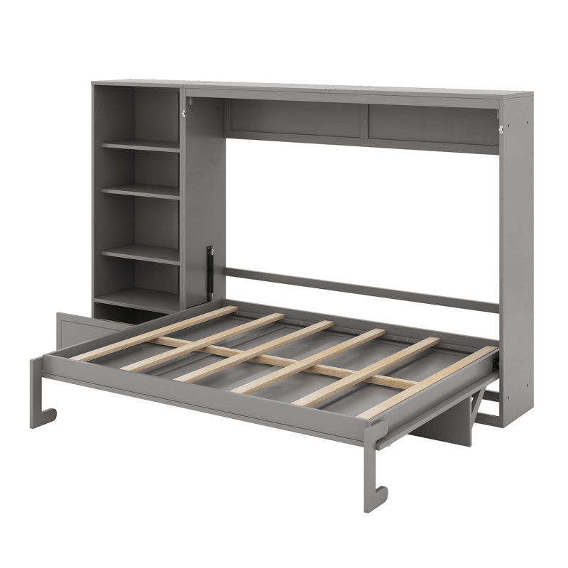 Grand lit escamotable avec compartiments de rangement à hauteur réglable, Gris