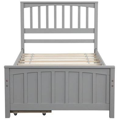 Lit plateforme gris élégant avec compartiment à tiroirs - Fabrication en bois massif pour la chambre à coucher