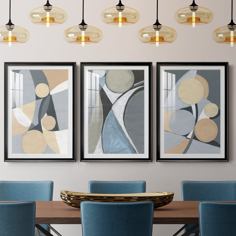 Un doux bijou géométrique II - ensemble de 3 reproductions d'art encadrées, H 30,5 po x l 127,5 po x P 1,5 po, Cadre noir