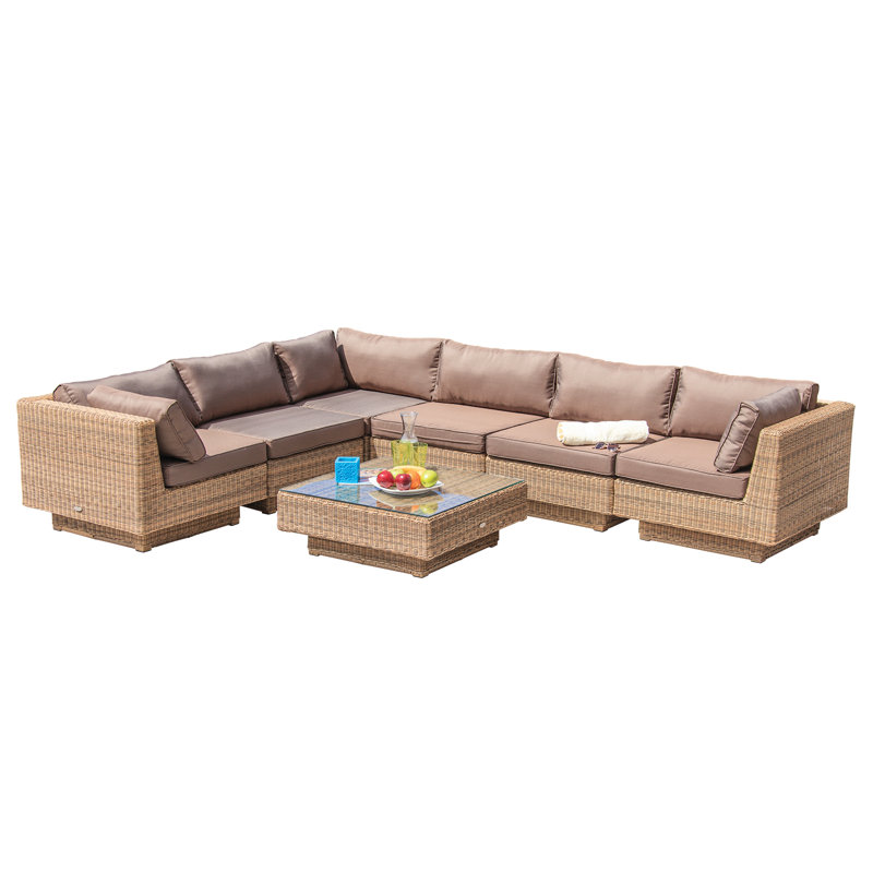 Chicago Rattan 6 Seater Deluxe Modular Lounge Set in 4 Seasons with Brown Cushions