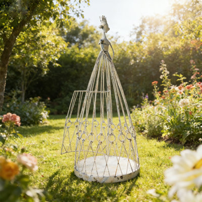 Cage à oiseaux en forme de princesse blanc vieilli, décor de jardin extérieur, sculpture rétro en fonte, hauteur de 33 pouces