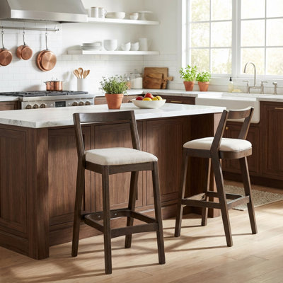  Jasper Indoor Rubberwood Barstools with Cushioned Seat, Dark Brown and Beige Set of 2